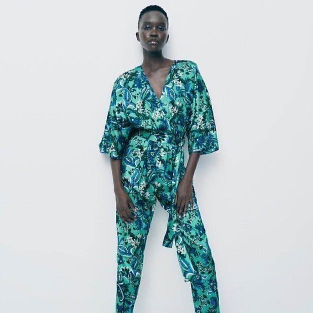 Zara NWT Blue Paisley Belted Wide Leg Jumpsuit S - Picture 12 of 16